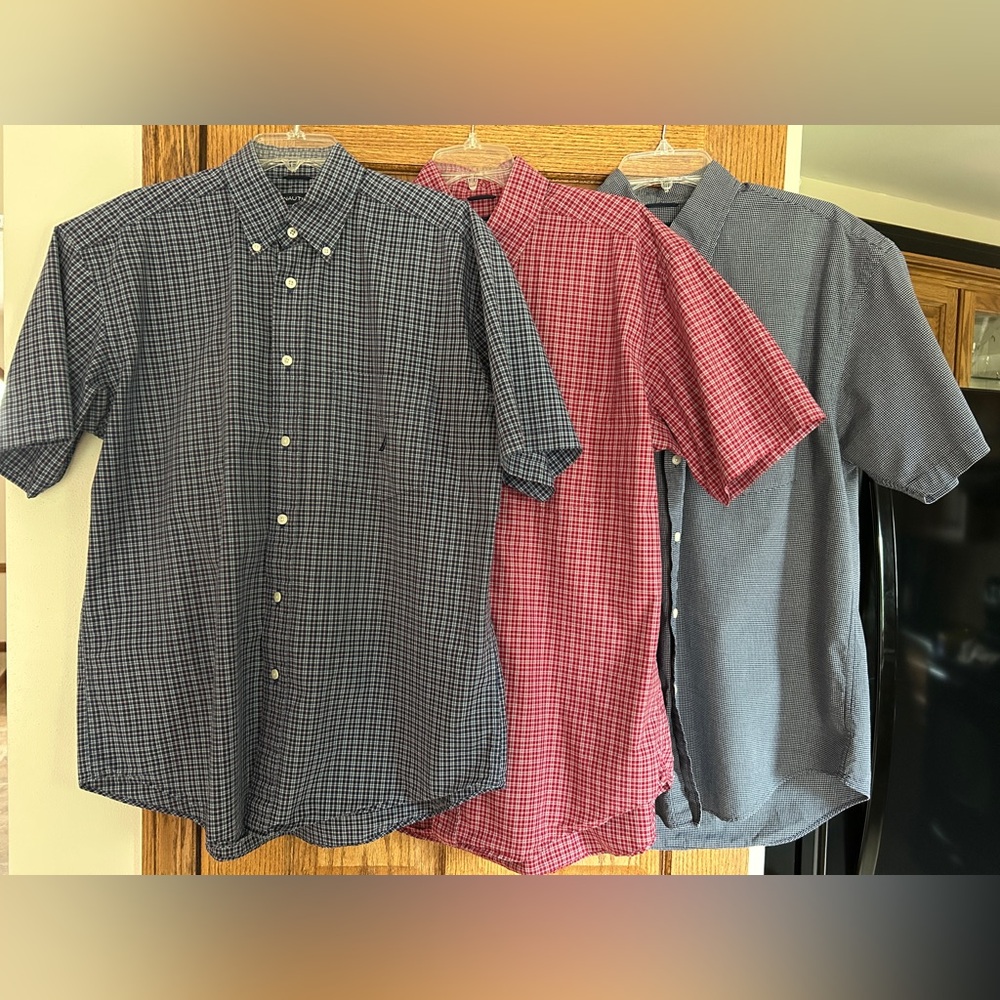 Nautica Short Sleeve Button-Down Checkered Shirts. Size Large, All 3!